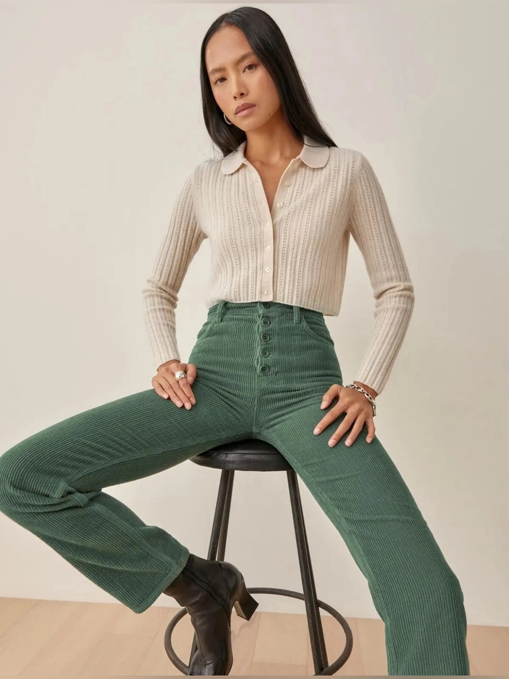 Reformation Cynthia Button Fly High Rise Straight Corduroy Pants in Moss